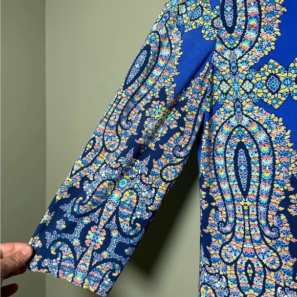 LONDON TIMES STRETCH BOHO SHIFT DRESS 3/4 LENGHT‎ SLEEVE SCOOP NECK SIZE 10 - Picture 2 of 5